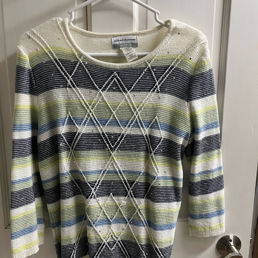 Alfred Dunner Striped Crewneck Sweater in Cream, Navy & Lime